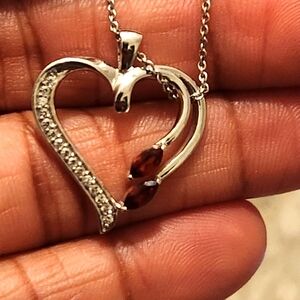 KPJ Marquise Garnet and Lab-Created White Sapph Heart Pendant in Sterling Silver